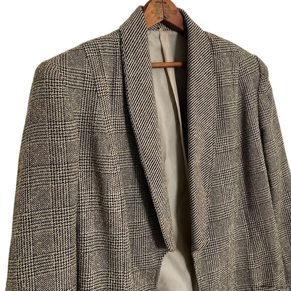 Vintage Glen Plaid Open Front Collared Long Sleeve Lined Blazer Tan Black Sz 13 - Picture 4 of 8